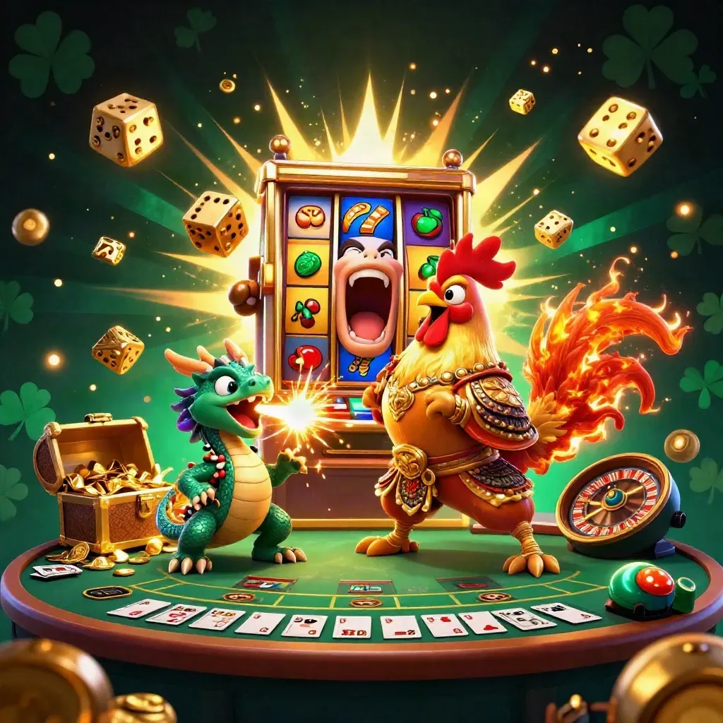 Rooster warrior, dragon hatchling and fortune cat amid exploding casino treasure and glowing game symbols.