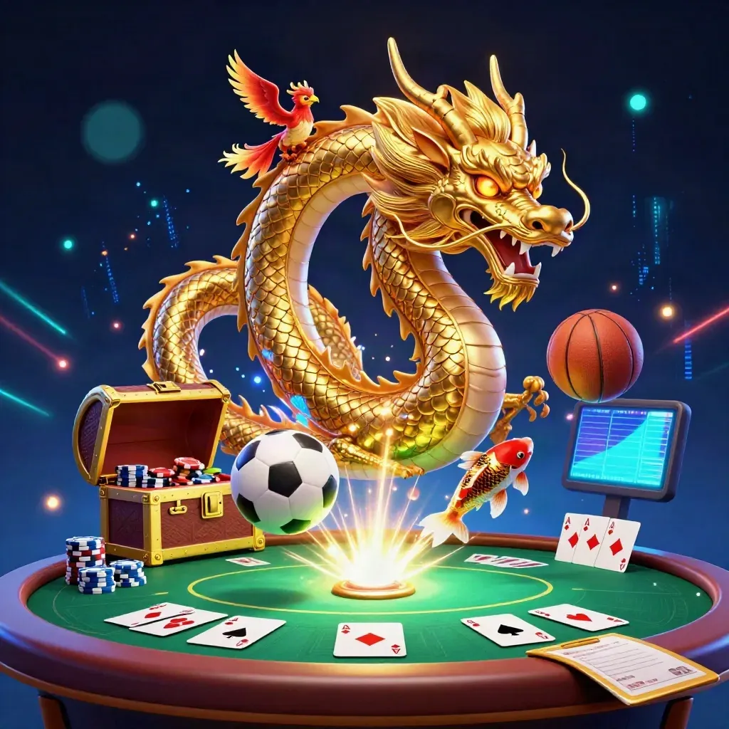 Golden dragon and phoenix with sports balls, chips, and casino glow on a dark neon background.