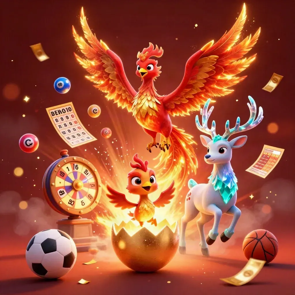 Phoenix, hatchling, and crystal-antlered stag amid casino game bursts and golden sparks.