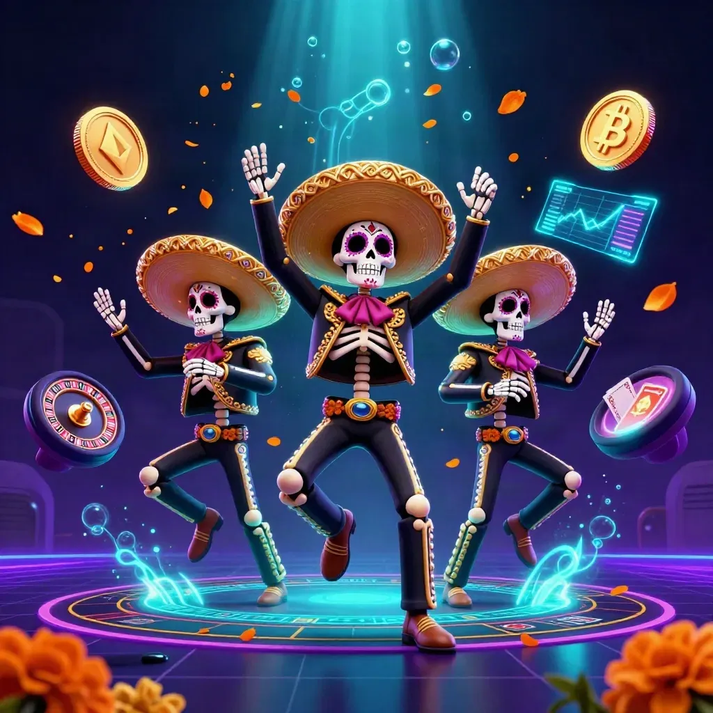 Three skeleton mariachi performers amid casino coins, neon light, and dramatic underwater glow