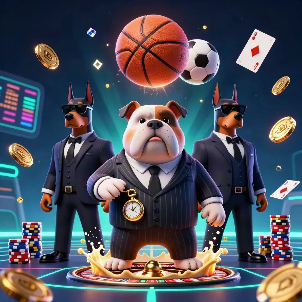 Low-angle casino splash art: bulldog boss, two Dobermans, flying balls, chips, coins, and teal-gold glow.