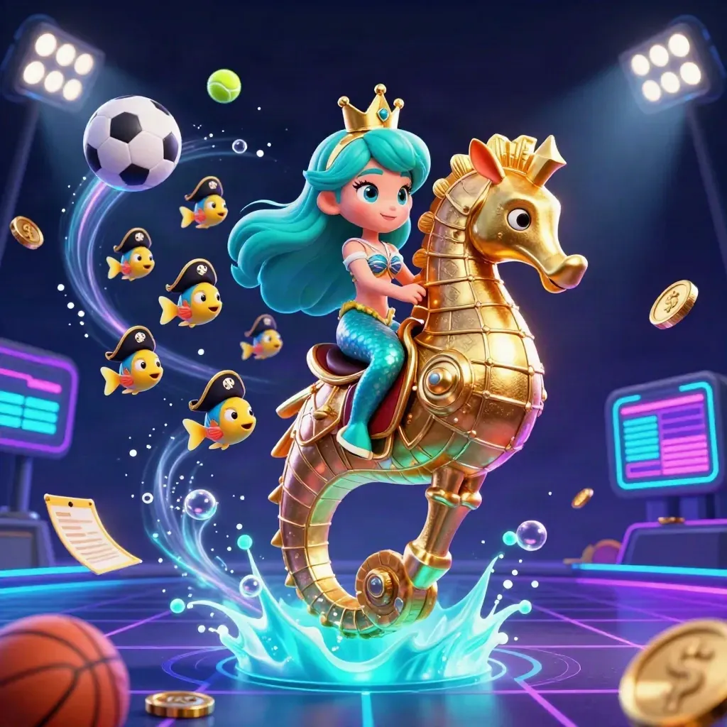 Mermaid princess on golden seahorse amid flying sports balls, coins, floodlights, and neon underwater glow
