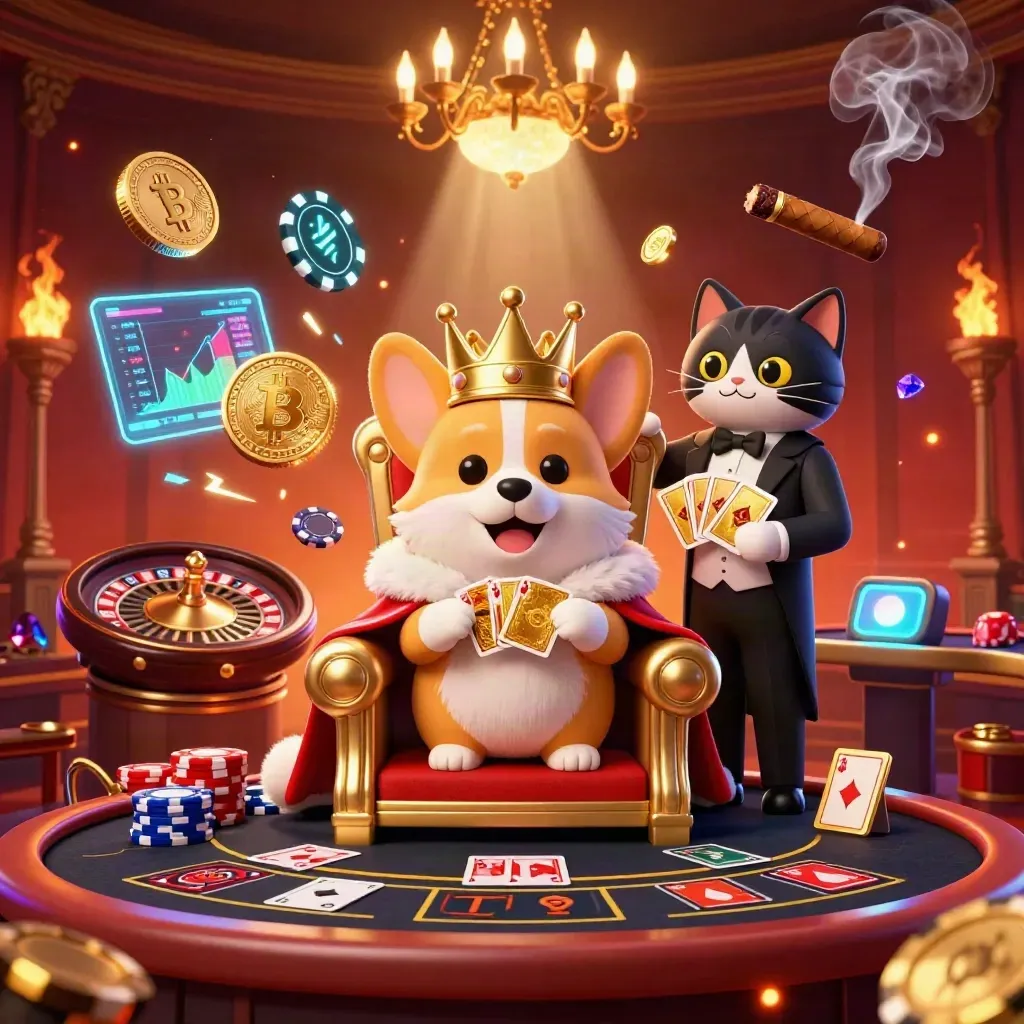 Royal corgi on chip throne with cat butler, crypto coins, roulette, and casino glow.