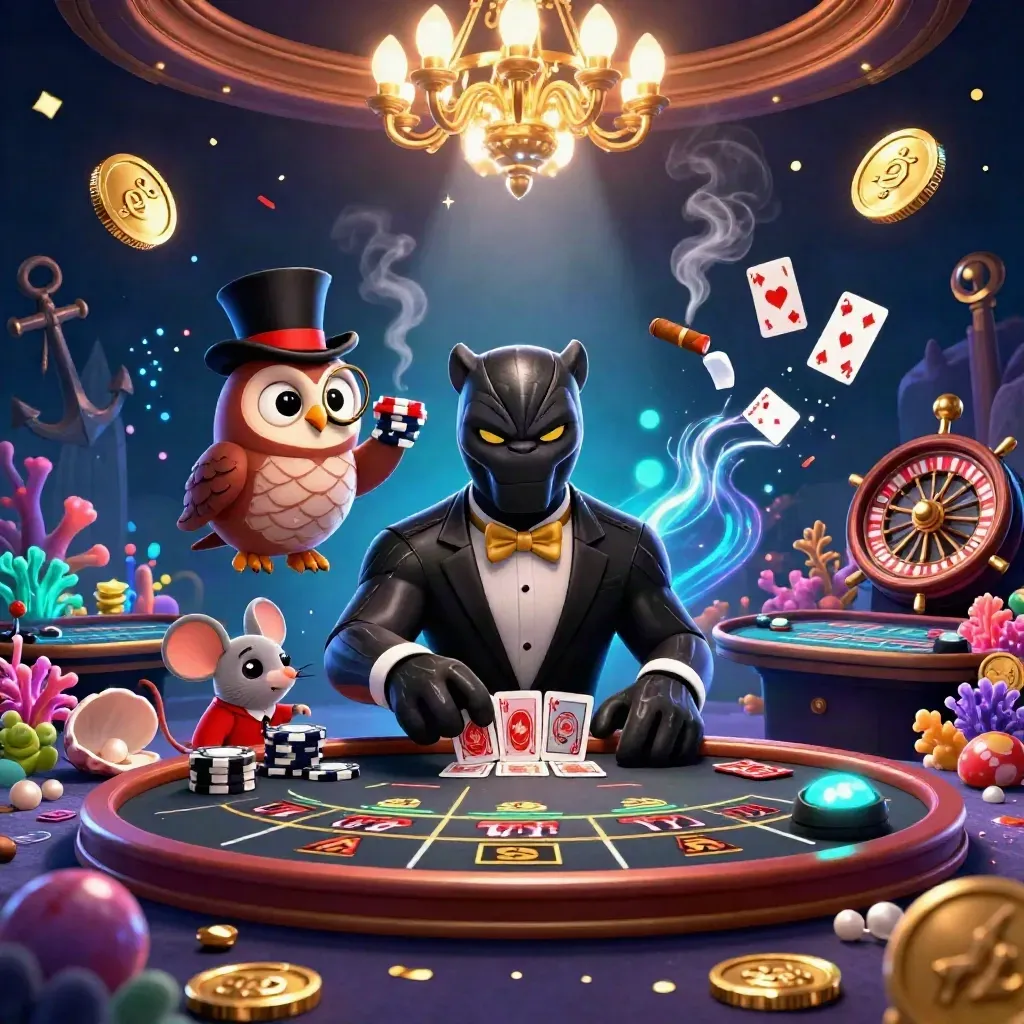 Panther, owl, and mouse in a luxe casino treasure cove with coins, coral, and glowing effects.