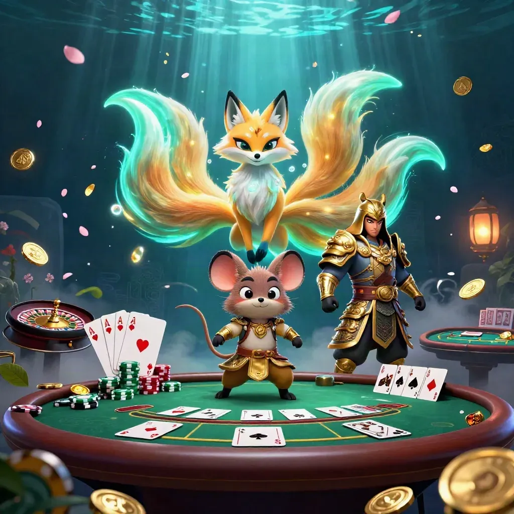 Neon fox spirit and armored mouse amid casino cards, chips, roulette glow and teal-blue mist