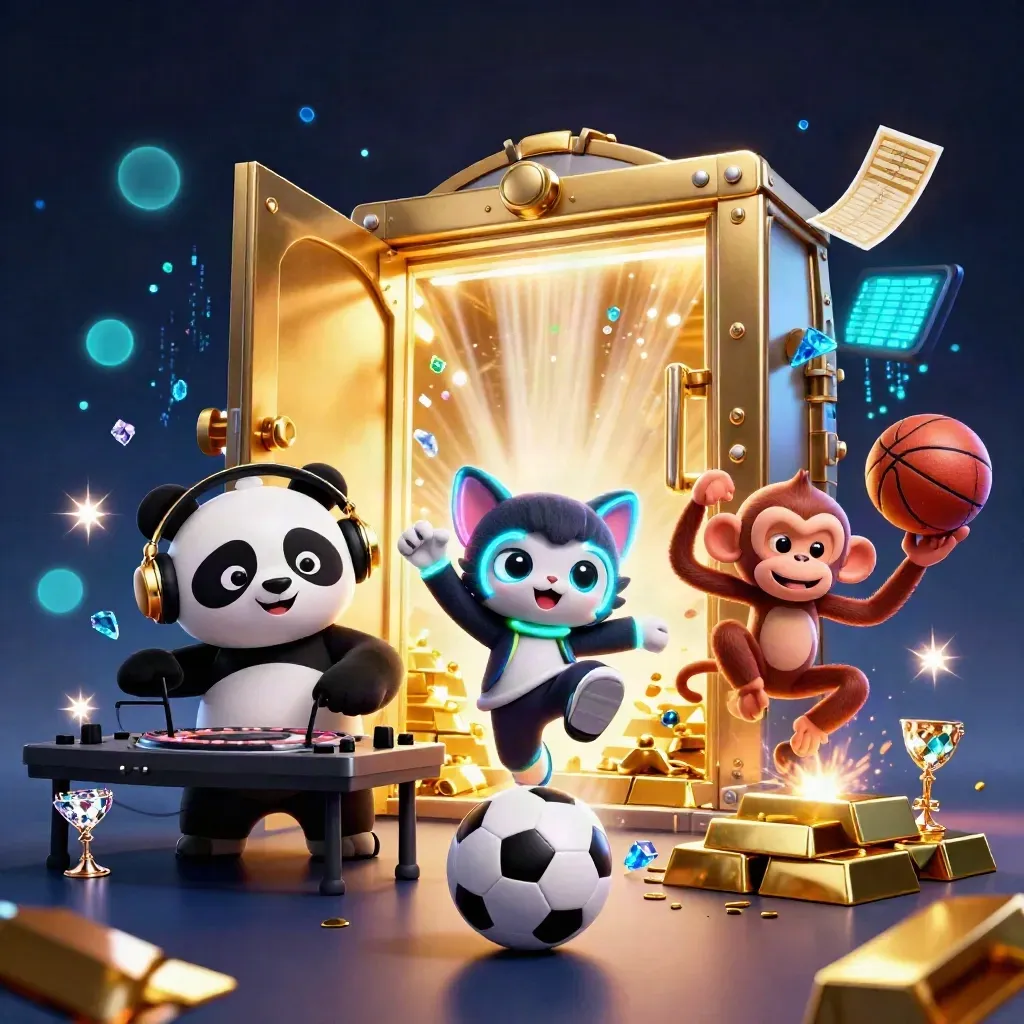 DJ panda, breakdancing monkey, and glow-stick kitten amid gold vault loot and neon casino energy.