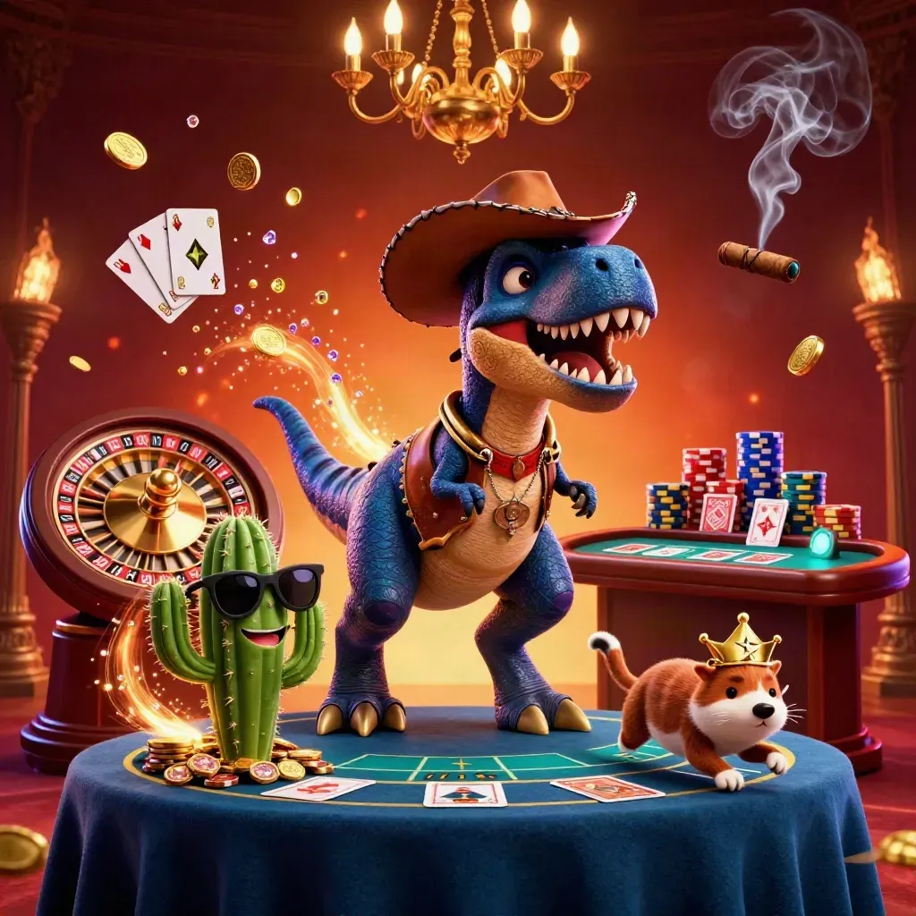 Cowboy T-Rex, cactus sidekick, and roadrunner at a glowing casino table