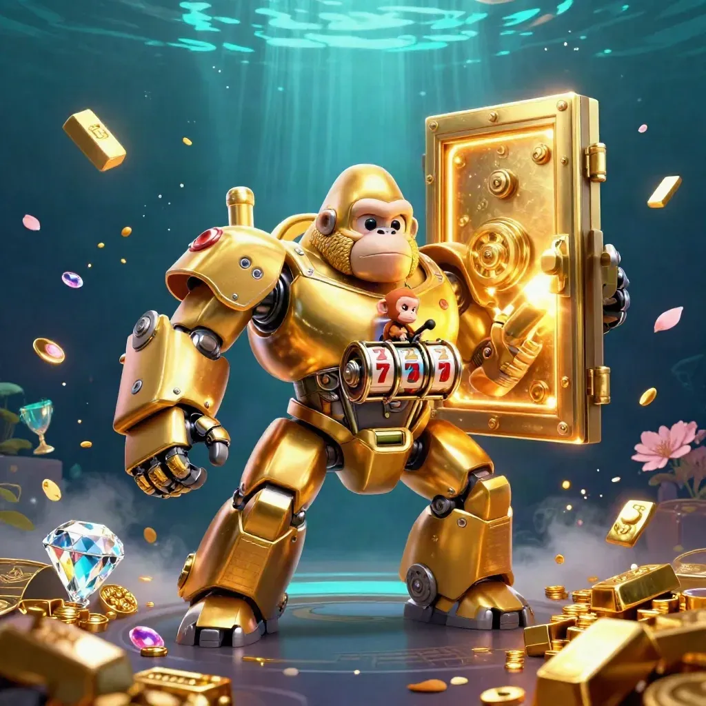Golden gorilla mech with monkey pilot explodes from a glowing vault amid gold, gems, and teal light.