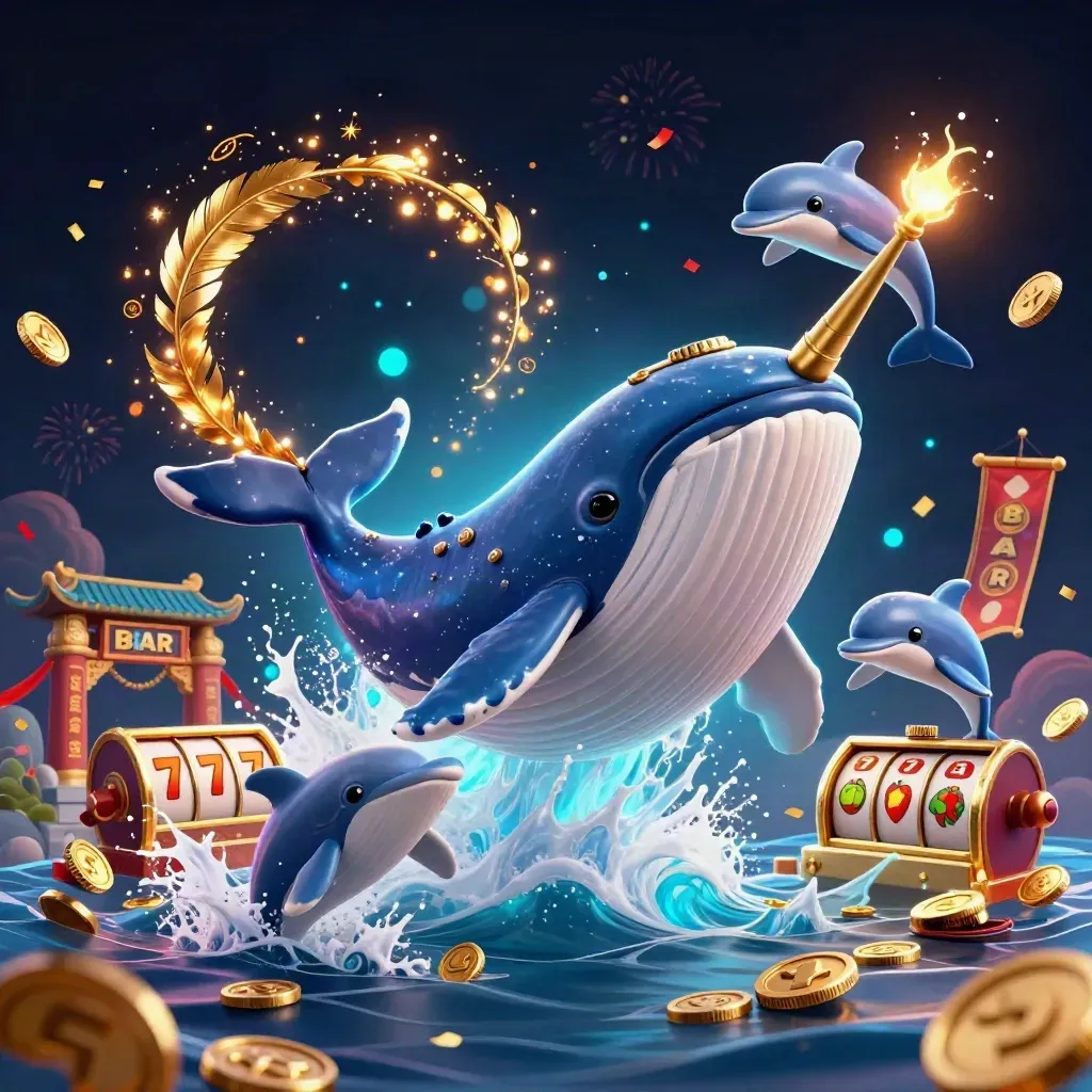 Whale captain, narwhal, and dolphins burst through coins in a luxe casino fantasy scene.