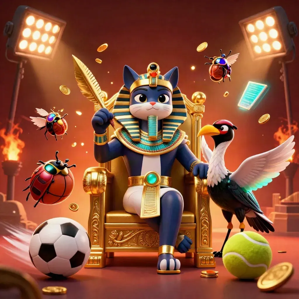 Pharaoh cat, ibis scribe, and scarab beetles amid glowing sports balls, coins, and a trophy.