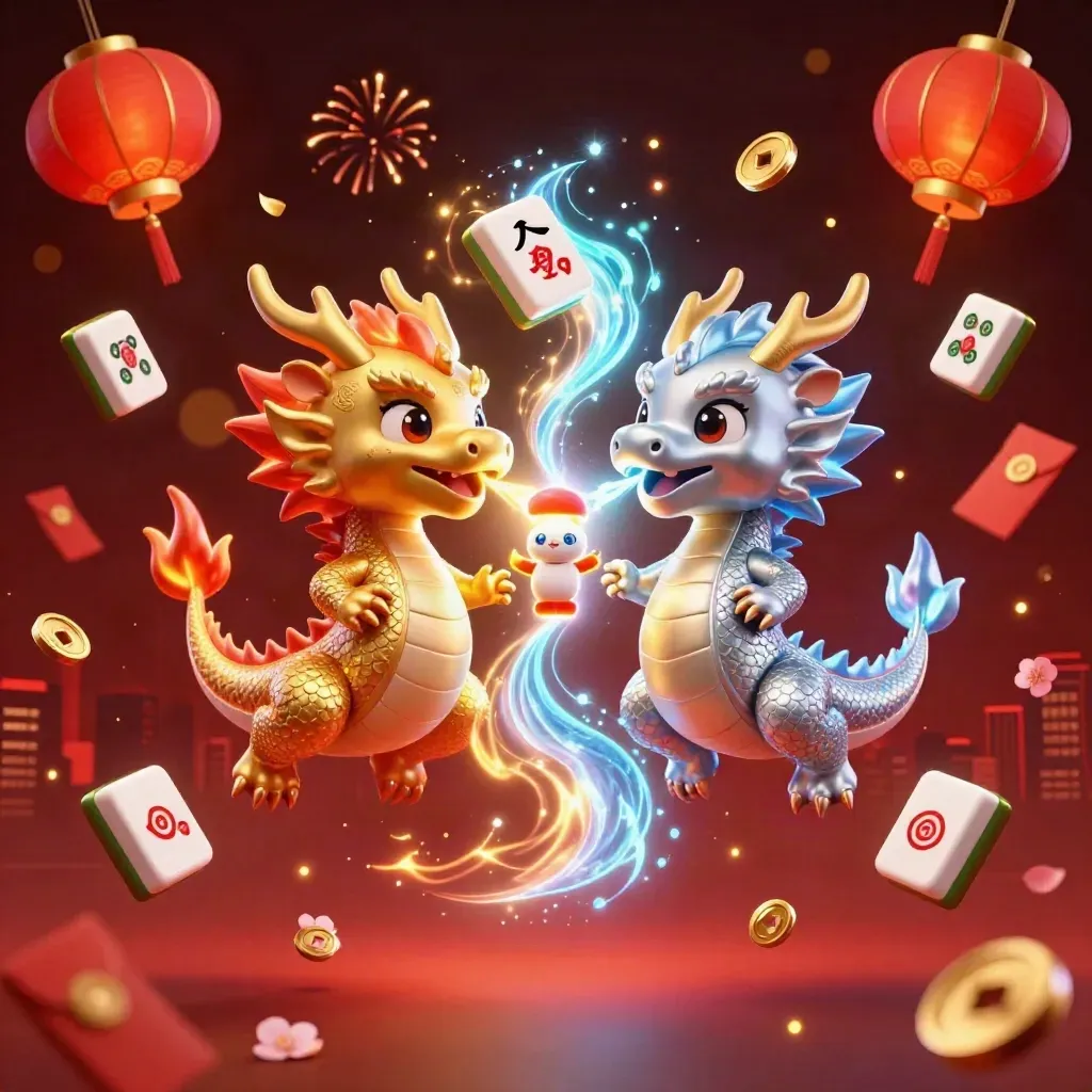Twin gold and silver dragons form a fire-and-ice yin-yang with lantern spirit and casino debris.