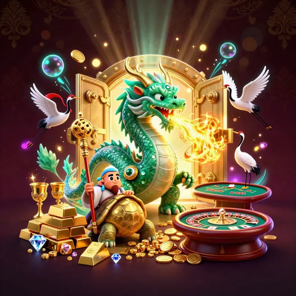 Dragon, turtle sage, and cranes burst from a glowing vault amid gold and casino light.