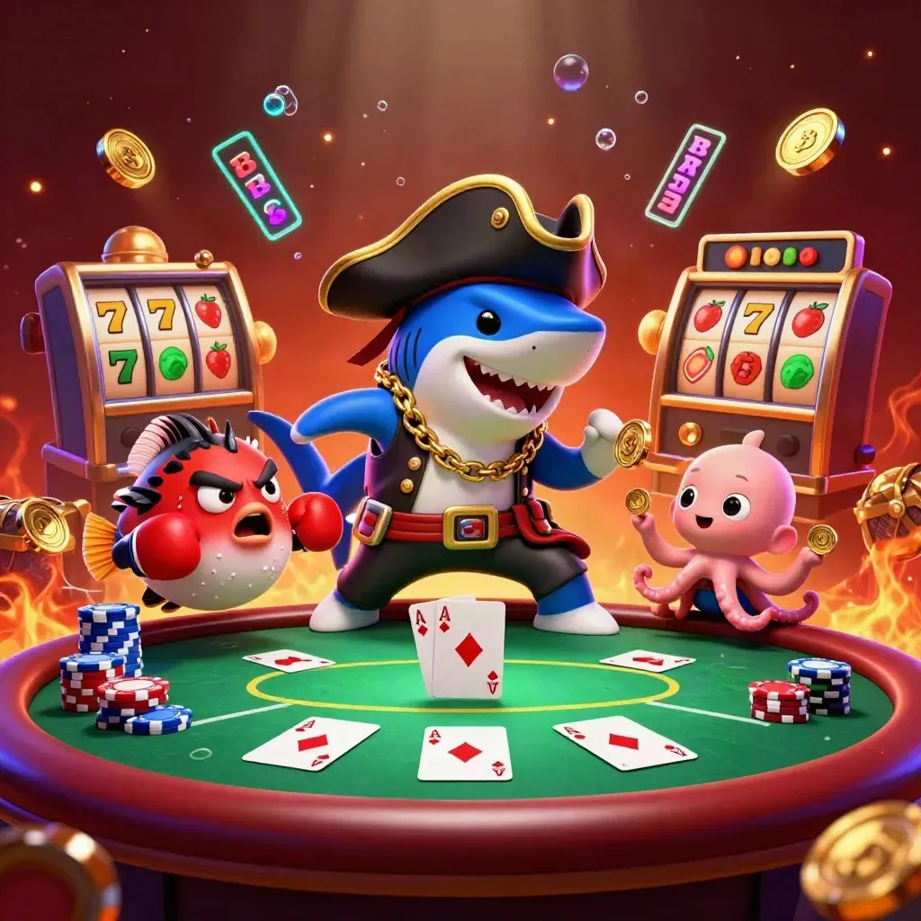 Pirate shark, boxing pufferfish, and coin-juggling octopus amid casino cards and teal glow.