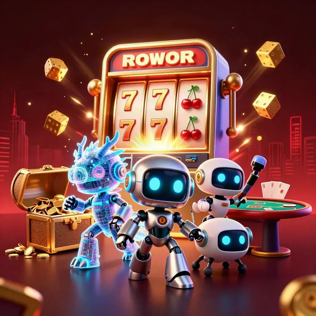 Cyberpunk robot, holographic dragon and drone amid a bursting slot machine and gold casino firework.