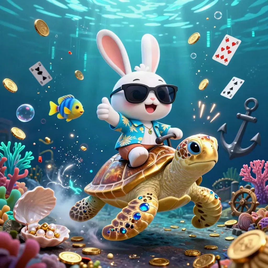 Lucky rabbit rides a gem-studded sea turtle through an underwater treasure cove with glowing coral and coins.
