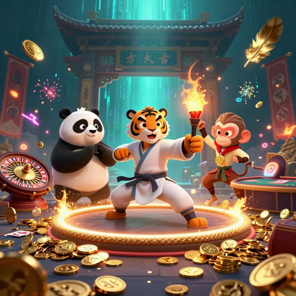 Kung-fu tiger, panda and monkey amid casino treasure, fireworks, roulette and glowing cards.