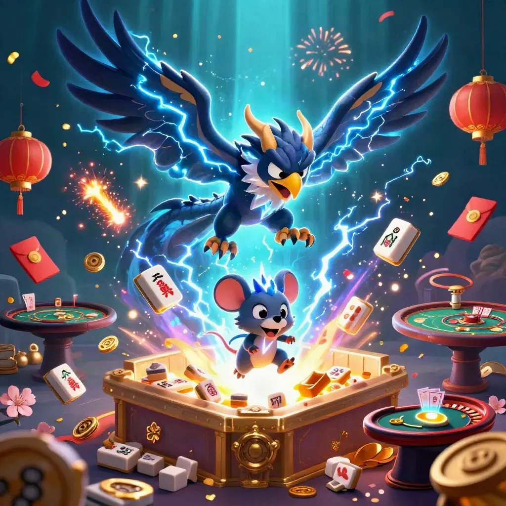 Thunder dragon, hawk, and mouse amid casino treasures, fireworks, and glowing game table