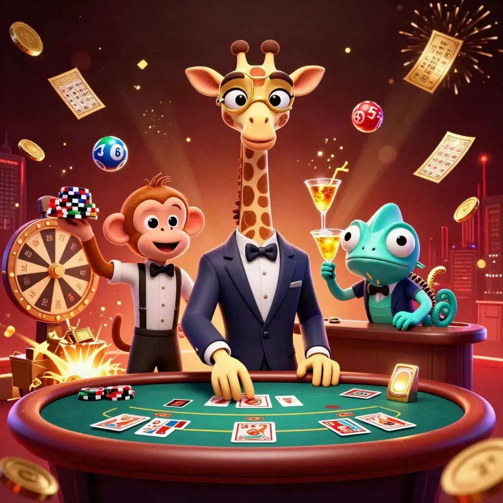 Giraffe, monkey, and chameleon at a casino table amid coins, fireworks, and jackpot effects.