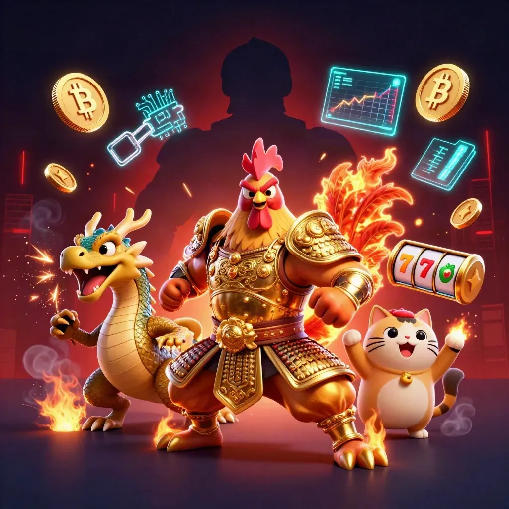 Rooster warrior, dragon hatchling, and fortune-cat amid casino coins, sparks, and neon light.