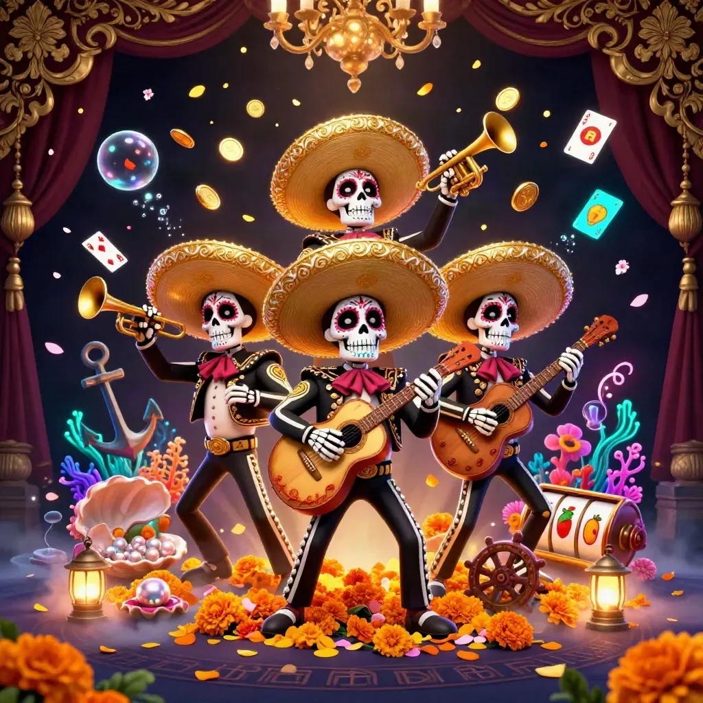 Skeleton mariachi trio in a gold-lit underwater casino cove with teal glow