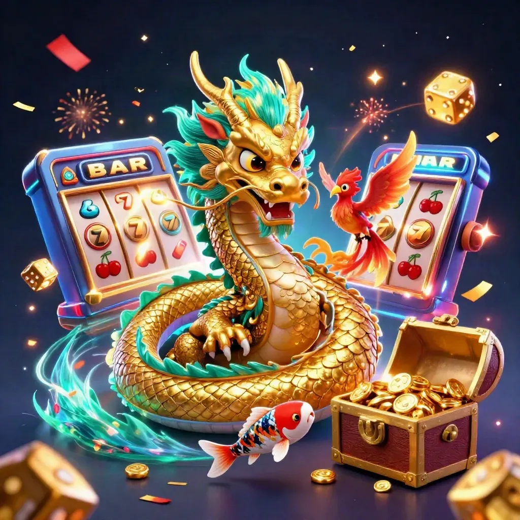 Golden dragon with phoenix, koi, chest, slot machine bursts, gold dice, teal glow on dark cosmic background