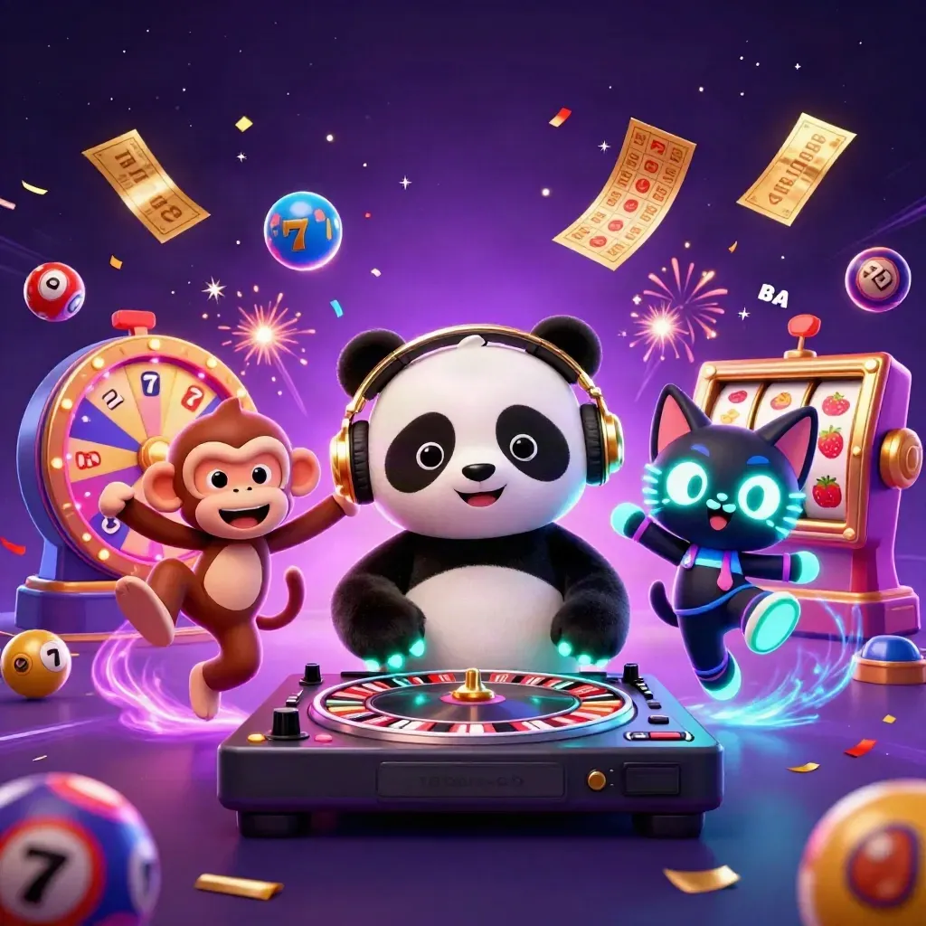 DJ panda, monkey, and glow kitten amid casino props, confetti, fireworks, and neon energy