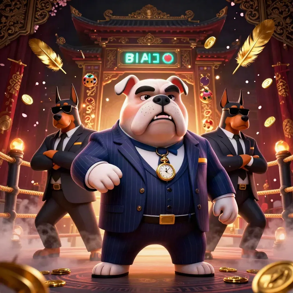 Bulldog boss with two Dobermans in a glowing casino-temple action scene, gold and teal on dark burgundy.