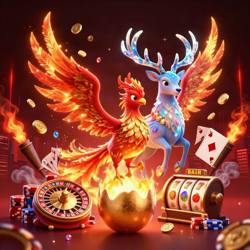 Phoenix, hatchling, and crystal stag amid casino coins, cards, roulette, chips, and dark red glow.